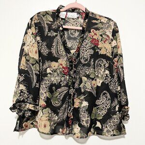 Womens Chiffon Ruffle Blouse 18 Paisley Dark Floral Fairy Grunge Twee Secretary